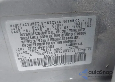 2014 Nissan Sentra Sr z USA, uszkodzony, nr VIN 3N1AB7APXEY275409